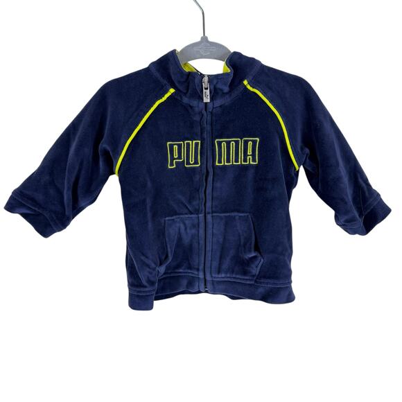 Puma Navy Blue Velour Neon Yellow Trim Full Zip Hooded Jacket Pockets Size 3-6M - Picture 1 of 8